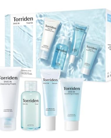 Torriden DIVE IN Trial Kit | Hyaluronic Acid Infused Daily Skincare Kit - 4 Step Regimen with Foam Cleanser, Facial Toner, Serum, and Cream | Travel Essential | Korean Skin Care Set