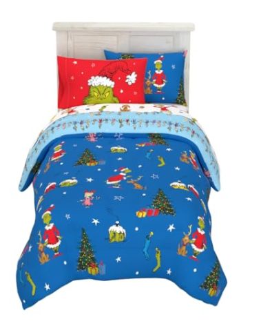 Grinch by Dr. Seuss Holiday & Christmas Bedding Soft Comforter and Sheet Set with Sham, 5 Piece Twin Size, (Official Dr. Seuss Product) by Franco