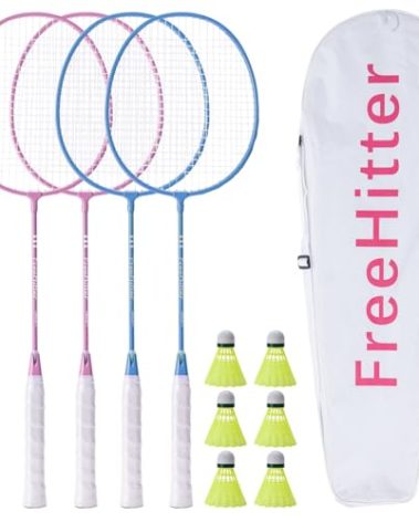 FreeHitter Badminton Racket Set with Carrying Bag for 2 Players, Badminton Racket for 4 Players Carbon Fiber or Alloy Steel Birdies Backyard Raqueta de Bádminton