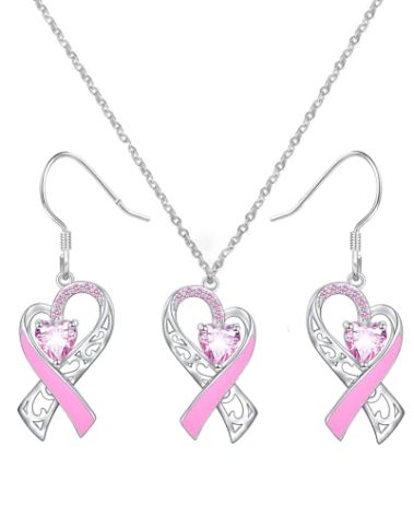 Breast Cancer Awareness Necklace Earring for Women, Pink Ribbon Heart Dangle Drop Pendant Survivor Gifts Supporter Inspirational Jewelry (Pink Set)