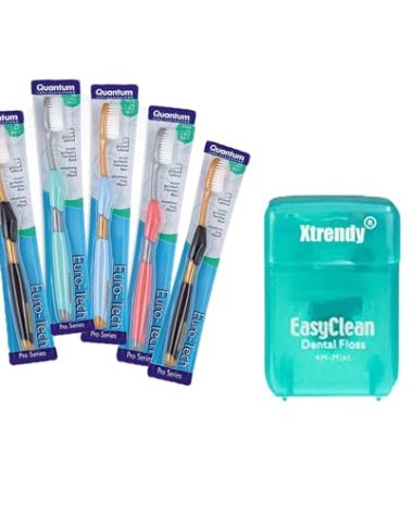 XTRENDY Quantum Euro-Tech Extra Soft Toothbrush, Soft Ultra Fine Feathered Bristles Toothbrush with Soft Slim Handle Grip and Thumb Rest for Adults, 5 Pack with Bonus Floss