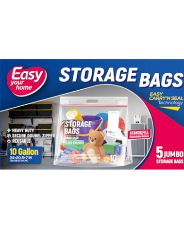 EasyYourHome 10 Gallon Jumbo Zipper Lock Plastic Bags with Handle and bottom,24"x23"+7",XL Size Reusable Storage Bag with Double Zip for Clothing,Travel,Moving,Beach,BPA-Free,3.15-Mil Thick
