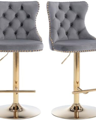 Swivel Counter Height Bar Stools Set of 2, Gray Kitchen Island Barstools, Velvet Adjustable Bar Height Stool Chairs, Tufted Back, Gold Metal Base, Sillas para Barra de Cocina (Grey, Velvet, 2 Pcs)