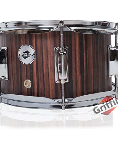 GRIFFIN Snare Drum 10"x6" Poplar Wood Shell (PopcornPUNCH Edition) – Mini Snare with Black Hickory PVC, Throw Off, Drum Key & Coated Head