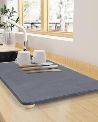 Large Stone Dish Drying Mat for Kitchen Counter, 24"×16" Quick Dry Super Absorbent Eco-Friendly Diatomaceous Earth Stone Mat with hemisphere wooden feet, Non-slip, Heat Resistant, Multi-purpose mats.