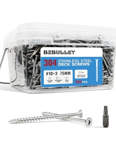 BZBULLET #10 X 3 Inch 304 Grade Stainless Steel Deck Screws Wood Screws, Flat Head T25 Star Drive,Type 17 Auger Tip with a Free T25 Star Drive Bit for All Outdoor Wood Construction（1000 pcs/14.1 lbs）
