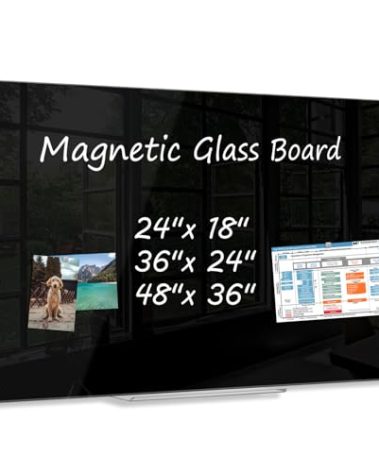 AMUSIGHT Black Dry Erase Board, 24" x 18" Magnetic Large Black Glass Board Frameless Wall Mounted Glass Whiteboard for Office, School & Home with 1 Acrylic Marker Tray & 3 Strong Magnet