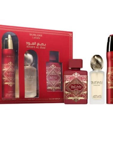 Lattafa Badee Al Oud Sublime for Unisex 3 Piece Set (3.4 Oz Eau de Parfum Spray + 1.7 Oz Hair Mist + 6.7 Oz Deodorant Spray)