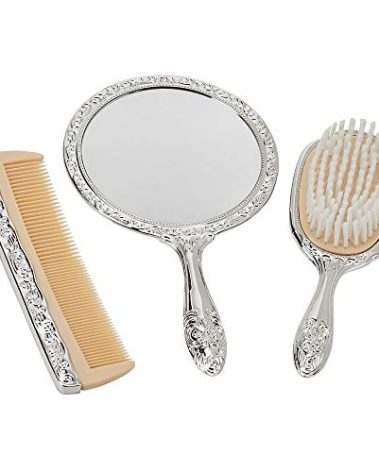 Creative Gifts International Nickel Plated Brass, Non-Tarnished 3-Piece Vanity Set, Brush, Comb, Mirror Set with Embossed Ornate Vintage Designs, Gift Box Included