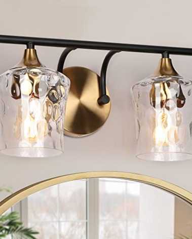 ZEVNI Bathroom Vanity Light, Black and Gold Vanity Light, 2-Light Bathroom Lights Over Mirror with Hammer Glass Shades