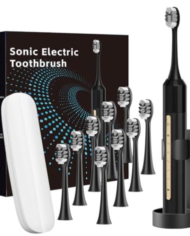 Lumivoid Sonic Electric Toothbrush with 10 Brush Heads for Adults and Children, Up to 30 Days on a Single Charge, 5 Modes, Built-in 2-Minute Smart Timer, IPX8 Waterproof Electric Toothbrush (Black)