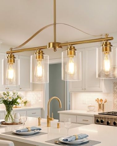 huong son Island Light for Kitchen, 4-Light Linear Chandelier Pendant Lighting for Kitchen Island, Brushed Gold Dining Room Light Fixture Over Table with Clear Glass Shades