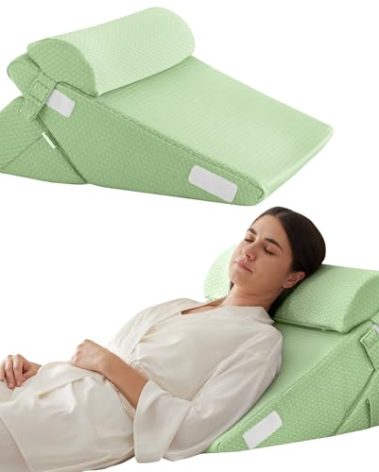 Bedluxe 3Pcs Orthopedic Bed Wedge Pillow Set, Foam Wedge Pillow Post Surgery for Back, Leg and Knee Support, Adjustable 9&12 Inch Folding Triangle Pillow for Sleeping, Acid Reflux, Snoring, Green
