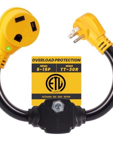 RV 30 Amp to 110 Adapter with Overload Protector Circuit Breaker, 30 Amp to 15 Amp / 20 Amp Household Adapter, NEMA 5-15P to NEMA TT-30R RV Plug with LED Power Indicator, ETL Listed