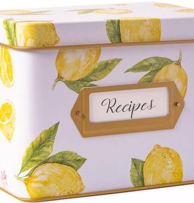HEART & BERRY Lemon Recipe Box with 24 4x6 Cards and 12 Dividers - Recipe Tin for 4 X 6 Inches Recipe Cards