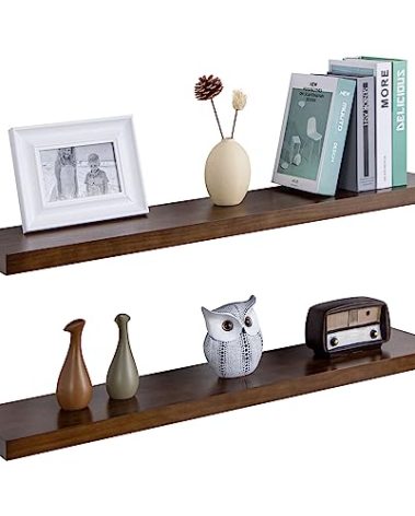 Floating Shelves 36 Inches Long - 8 Inch Deep Rustic Solid Pine Wood for Storage - Farmhouse Wall Mounted for Living Room - Heavy-Duty Metal Bracket - 36" W x 8" D - Set of 2 - American Walnut Color