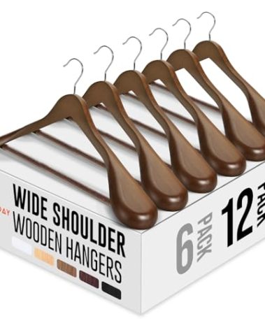 HOUSE DAY Wide Shoulder Wooden Hangers 12 Pack, Wood Suit Hangers for Men with Non Slip Pants Bar, Smooth Finish Solid Wood Coat Hanger for Jacket, Pants, Dress, Heavy Clothes Hanger (Walnut)