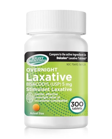 RIGHT REMEDIES Overnight Stimulant Laxative, Bisacodyl 5 mg (300 Tablets), Gentle & Effective Overnight Relief of Occasional Constipation, Compare to The Active Ingredients in National Brand Product