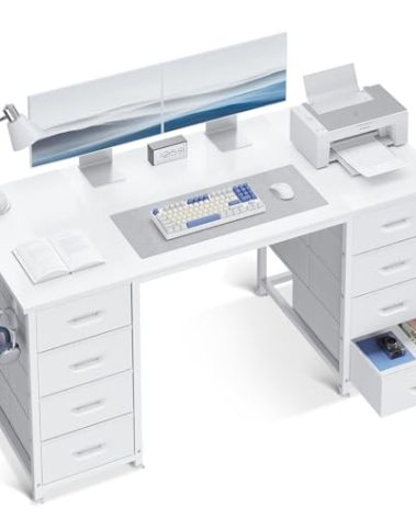 ODK 48 Inch White Computer Desk with 8 Fabric Drawers, Modern Office Desk with Large Storage for Home Office, Study, Gaming, White