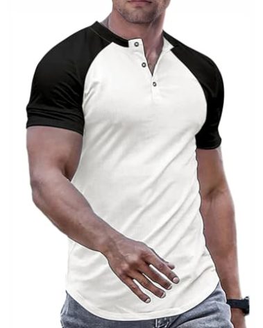 JMIERR Mens Muscle Slim Fit Button Henley Shirts Summer Patchwork Short Sleeve Longline Fitted T-Shirt Gym Workout Athletic Tees Shirt for Men, L
