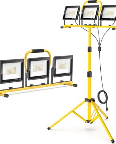 LED Work Lights with Stand: 3 Head Adjustable Work Light with Individual Switch, IP66 Waterproof Foldable Outdoor Tripod Light for Job Site Construction Lighting, Tool Gifts for Men