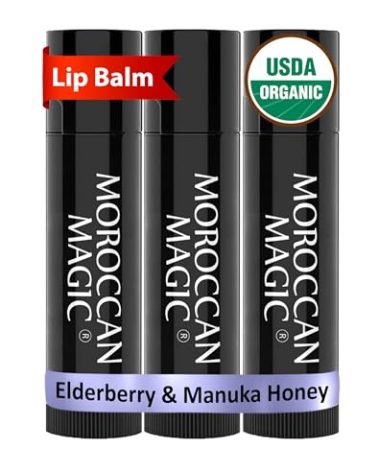 Moroccan Magic Organic Elderberry & Manuka Honey Lip Balm 3 Pack | Ultra-Hydrating Argan Oil Lip Moisturizer + Vitamin E | Natural Chapstick for Dry Lips | Smooth, Non-Toxic | Organic Lip Balm