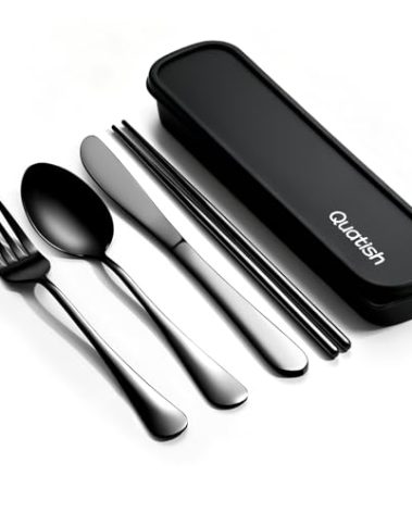 Travel Utensils with Case, Quatish 5 Piece Stainless Steel Silverware Set for Work, Portable Reusable Travel Cutlery Set, Fork and Spoon Set for Picnic, Camping, Gadgets, Lunch Box for Men, Black