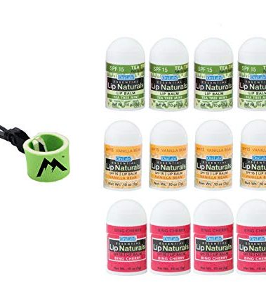 Lip Naturals Assorted Mini Lip Balms with Sunscreen (SPF-15) & Keychain - 12 Count, 3 Flavors: Tea Tree Mint, Vanilla Bean, Bing Cherry (0.10oz/3g Each) - Made in USA