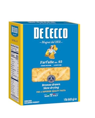 De Cecco Farfalle No. 93 Pasta, 16 Oz, Authentic, Slow Dried, Made with Durum Wheat, Versatile Pasta for Sauces & Recipes, Made in Italy