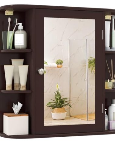 Tangkula Bathroom Medicine Cabinet with Mirror, Modern Wall Mounted Space-Saving Storage Organizer with Mirrored Door, 4 Internal Shelves & 6 Open Side Shelves, Bathroom Wall Cabinet (Coffee)