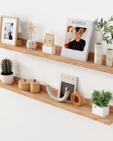 Axeman Oak Picture Ledge Shelf, 36 Inch Floating Shelves Set of 2, Solid Oak Wood Wall Shelves with Lip, Wall Decor Storage for Bedroom Living Room Bathroom Kitchen Nursery Photo Picture, Natural Oak