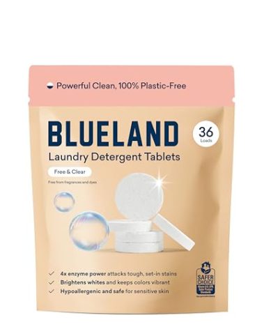 BLUELAND Laundry Detergent Tablets, 36 Count, Plastic-Free Eco-Friendly Pods, Sheets, Liquid Alternative - Fragrance Free and Clear, Natural, Gentle