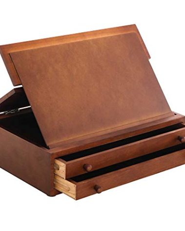 U.S. Art Supply 2-Drawer Artist Tool Supply Box with Locking Clasps & Fold-Up Drawing Easel - Walnut Color Art Box for Artist Supplies, Brushes, Pencils, Erasers, Tool Storage Organizer Case