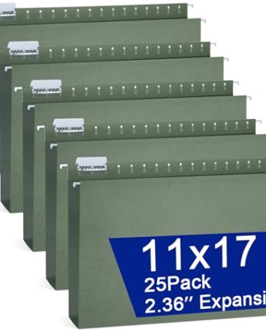 gisgfim 25 Pack Reinforced 11x17 Hanging File Folders 1/5 Cut Heavy Duty Hanging File Folders with Plastic Tabs & Label Cards Expanding Hangers File Organizer for Drawing Engineering Document (Green)
