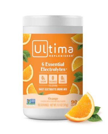 Ultima Replenisher Daily Electrolyte Powder Drink Mix – Sugar Free – Orange, 90 Servings – Hydration Powder with 6 Key Electrolytes and Trace Minerals – Keto Friendly, Vegan, Non-GMO