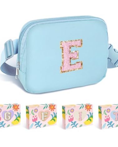 COSHAYSOO Blue Belt Bag Fanny Pack Crossbody Travel Essential Stuff Trendy Birthday Christmas Gifts for 4 5 6 7 8 9 10 11 12 Year Old Little Big Girls Monogrammed Cute Presents Initial Letter E