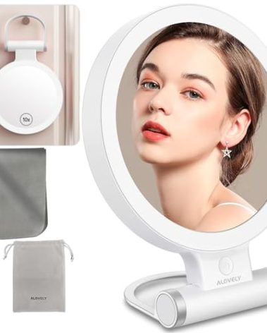 Alovely Travel Magnifying Mirror with Light, Lighted Makeup Mirrors with 1X/10X Magnification Portable LED Vanity Mirror with 3 Color Lighting Brightness Dimmable Round Mirrors for Home