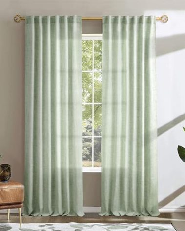Sage Green 102 Inch Curtains Linen Blend Neutral Drapes for Living Room 2 Panels Semi Sheer Privacy Protection Light weight Green Decorative Drapery for Hallway Classroom, 50x102 Long In Length