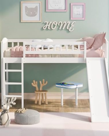 Merax Twin Size Loft Bed with Slide and Ladder, White Wooden Bed Frame, No Box Spring Needed