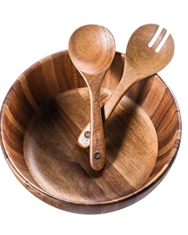BILL.F Wooden Salad Bowl, 12'' Acacia Wood Salad Bowls Set Large Salad Mixing Bowl with Servers-3-Piece Big Salad Bowl Set