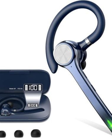 HEIBAS Bluetooth Headset, Wireless Bluetooth Earpiece with 500mAh Charging Case 72 Hours Talking Time Built-in Microphone for iOS Android Cell Phone, Hand-Free Headphones for Trucker, Office-Blue