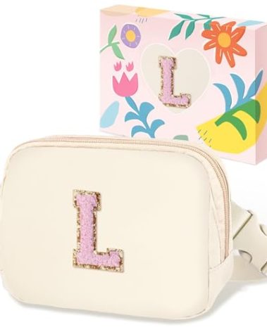 COSHAYSOO Valentines Birthday Initial Gifts for Women Teen Girls 5 6 7 8 9 10 11 12 13 14 Year Old Ivory Fanny Pack for Girls Belt Bag Crossbody Travel Purse Unique Trendy Cute Stuff Chenille Letter L