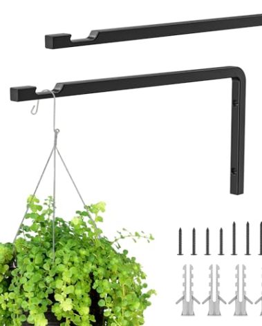 2 Pack 8 Inch Plant Hanger Hooks for Indoor Hanging Plants, Heavy Duty Steel Hanging Plant Brackets Wall Mount Hooks for Hanging Bird Feeders Flower Basket Wind Chime Solar Lanterns Outdoor, Black