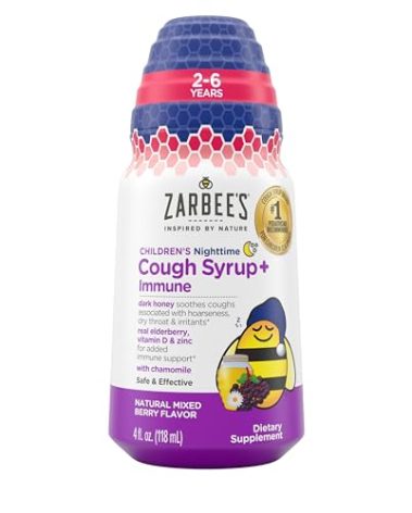 Zarbee's Children's Nighttime Honey Cough Syrup + Immune for Kids 2+, Cough Syrup with Soothing Dark Honey, Real Elderberry, Vitamin D & Zinc, & Chamomile, Drug-Free, Mixed Berry, 4 fl. oz
