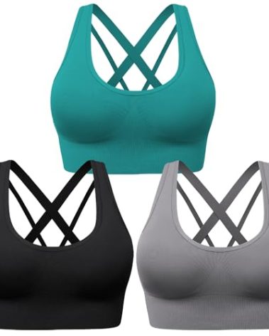 BLUELILY Sports Bra for Women Medium Support Criss Cross Strappy Bras Seamless Padded High Impact Yoga Athletic Exercise Bras