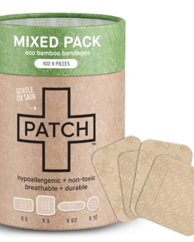 PATCH 100 Piece Value Pack Mixed Sizes - Eco-Friendly Bamboo Bandages for Cuts & Scratches, Hypoallergenic Wound Care for Sensitive Skin, Compostable & Biodegradable, Latex Free, Plastic Free