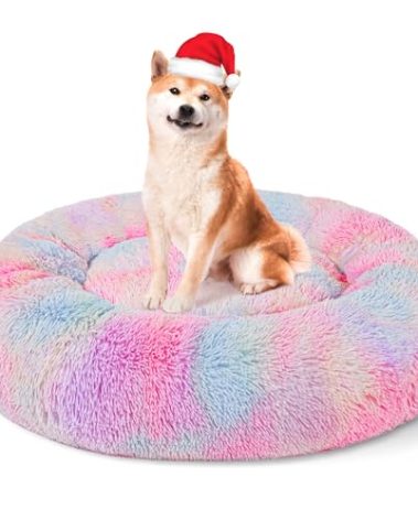 Patas Lague Calming Dog Bed for Large Dogs, Fluffy Soft Cozy Cat Bed, Faux Fur Anti-Anxiety Plush Washable Pet Donut Cuddler for All Seasons 36IN, Mixed Rainbow