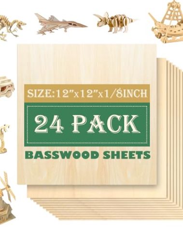 24 Pack 12"x12"Basswood Sheets 1/8",3mm Basswood for Laser Cutting,3mm Plywood Unfinished Wood Craft Wood for DIY Ornaments and Models Drawing Painting Engraving Wood Burning and Laser Cutting