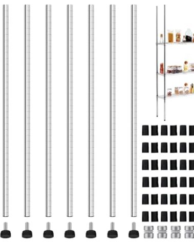 Thyle Set of 2 Wire Shelving Poles Including 8 Pcs 11.8'' Poles and 50 Pcs Shelf Clips, Heavy Duty Chrome Commercial Wire Shelving Parts for 1" Post Shelf Rack Accessories Replacement(23.6")