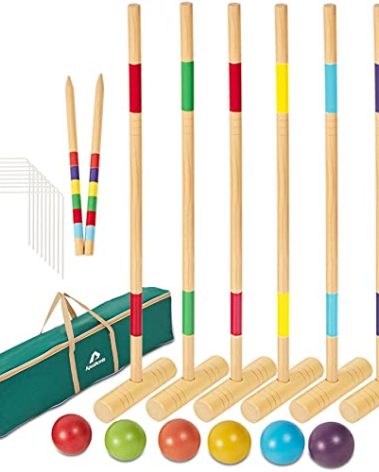 ApudArmis 35In Six Players Croquet Set with Deluxe Premiun Pine Wooden Mallets,Colored Ball,Wickets,Stakes - Lawn Backyard Game Set for Adults/Teens/Family (Large Carry Bag Including)